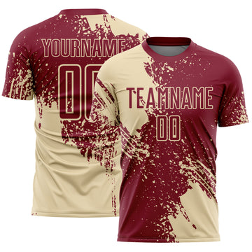 Custom Crimson Cream Abstract Brush Stroke Sports Sublimation Soccer Uniform Jersey