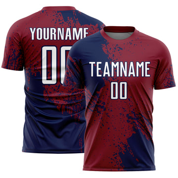 Custom Crimson White-Navy Abstract Brush Stroke Sports Sublimation Soccer Uniform Jersey
