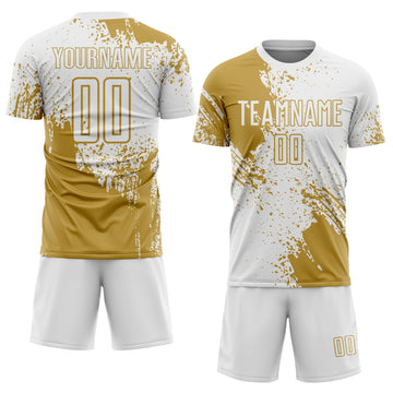 Custom White Old Gold Abstract Brush Stroke Sports Sublimation Soccer Uniform Jersey