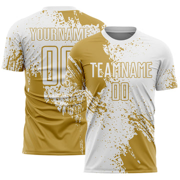 Custom White Old Gold Abstract Brush Stroke Sports Sublimation Soccer Uniform Jersey