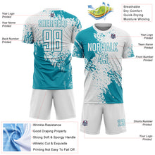 Charger l'image dans la galerie, Custom White Teal Abstract Brush Stroke Sports Sublimation Soccer Uniform Jersey
