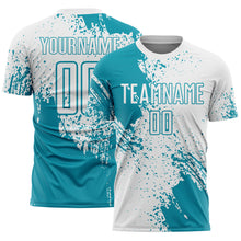 Charger l'image dans la galerie, Custom White Teal Abstract Brush Stroke Sports Sublimation Soccer Uniform Jersey
