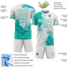 Загрузить изображение в средство просмотра галереи, Custom White Aqua Abstract Brush Stroke Sports Sublimation Soccer Uniform Jersey
