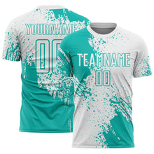 Загрузить изображение в средство просмотра галереи, Custom White Aqua Abstract Brush Stroke Sports Sublimation Soccer Uniform Jersey
