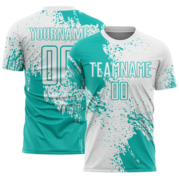 Custom White Aqua Abstract Brush Stroke Sports Sublimation Soccer Uniform Jersey
