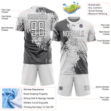 Загрузить изображение в средство просмотра галереи, Custom White Steel Gray Abstract Brush Stroke Sports Sublimation Soccer Uniform Jersey
