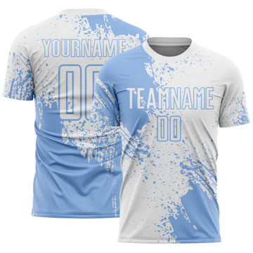 Custom White Light Blue Abstract Brush Stroke Sports Sublimation Soccer Uniform Jersey