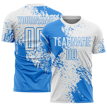 Custom White Powder Blue Abstract Brush Stroke Sports Sublimation Soccer Uniform Jersey