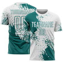 Charger l'image dans la galerie, Custom White Teal Abstract Brush Stroke Sports Sublimation Soccer Uniform Jersey
