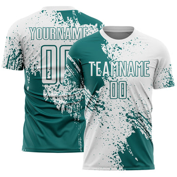 Custom White Teal Abstract Brush Stroke Sports Sublimation Soccer Uniform Jersey