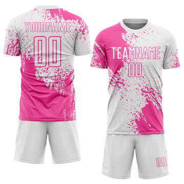 Custom White Pink Abstract Brush Stroke Sports Sublimation Soccer Uniform Jersey