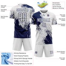 Charger l'image dans la galerie, Custom White Navy Abstract Brush Stroke Sports Sublimation Soccer Uniform Jersey
