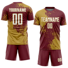 Загрузить изображение в средство просмотра галереи, Custom Burgundy White-Old Gold Abstract Brush Stroke Sports Sublimation Soccer Uniform Jersey

