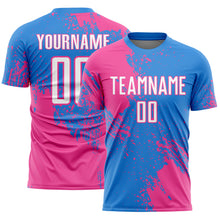 Загрузить изображение в средство просмотра галереи, Custom Powder Blue White-Pink Abstract Brush Stroke Sports Sublimation Soccer Uniform Jersey
