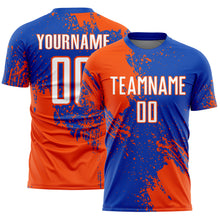 Laden Sie das Bild in den Galerie-Viewer, Custom Thunder Blue White-Orange Abstract Brush Stroke Sports Sublimation Soccer Uniform Jersey

