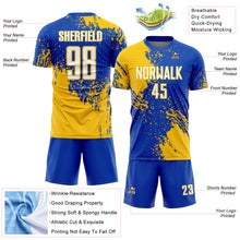 Load image into Gallery viewer, Custom Thunder Blue White-Yellow Abstract Brush Stroke Sports Sublimation Soccer Uniform Jersey
