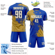 Загрузить изображение в средство просмотра галереи, Custom Thunder Blue White-Old Gold Abstract Brush Stroke Sports Sublimation Soccer Uniform Jersey

