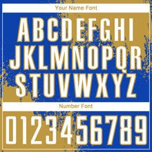 Загрузить изображение в средство просмотра галереи, Custom Thunder Blue White-Old Gold Abstract Brush Stroke Sports Sublimation Soccer Uniform Jersey
