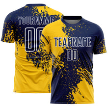 Load image into Gallery viewer, Custom Navy Yellow-White Abstract Brush Stroke Sports Sublimation Soccer Uniform Jersey
