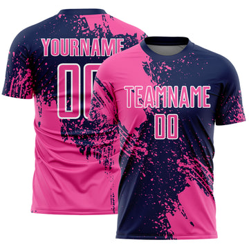 Custom Navy Pink-White Abstract Brush Stroke Sports Sublimation Soccer Uniform Jersey