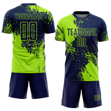 Custom Navy Neon Green Abstract Brush Stroke Sports Sublimation Soccer Uniform Jersey