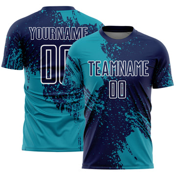 Custom Navy Teal-White Abstract Brush Stroke Sports Sublimation Soccer Uniform Jersey