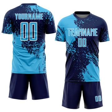 Custom Navy Sky Blue-White Abstract Brush Stroke Sports Sublimation Soccer Uniform Jersey