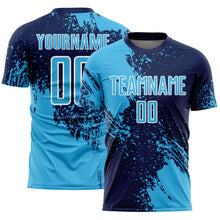 Load image into Gallery viewer, Custom Navy Sky Blue-White Abstract Brush Stroke Sports Sublimation Soccer Uniform Jersey
