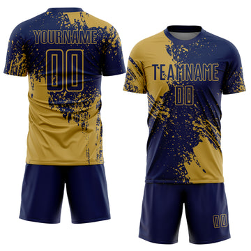 Custom Navy Old Gold Abstract Brush Stroke Sports Sublimation Soccer Uniform Jersey