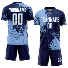 Загрузить изображение в средство просмотра галереи, Custom Navy White-Light Blue Abstract Brush Stroke Sports Sublimation Soccer Uniform Jersey
