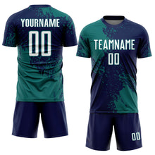 Загрузить изображение в средство просмотра галереи, Custom Navy White-Teal Abstract Brush Stroke Sports Sublimation Soccer Uniform Jersey
