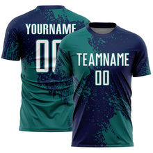 Загрузить изображение в средство просмотра галереи, Custom Navy White-Teal Abstract Brush Stroke Sports Sublimation Soccer Uniform Jersey
