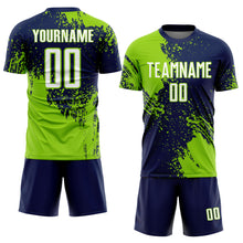 Load image into Gallery viewer, Custom Navy White-Neon Green Abstract Brush Stroke Sports Sublimation Soccer Uniform Jersey
