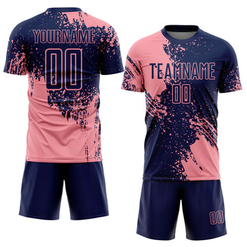 Custom Navy Medium Pink Abstract Brush Stroke Sports Sublimation Soccer Uniform Jersey