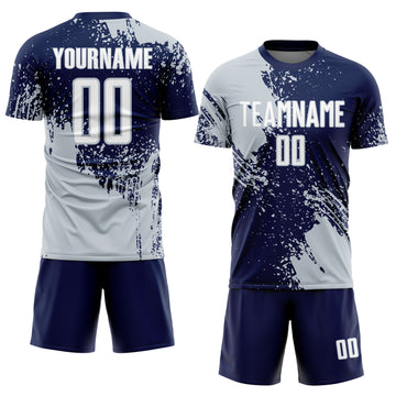 Custom Navy White-Silver Abstract Brush Stroke Sports Sublimation Soccer Uniform Jersey