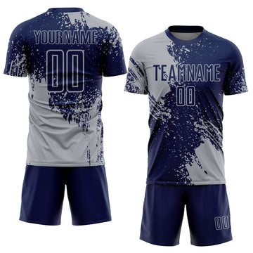 Custom Navy Gray Abstract Brush Stroke Sports Sublimation Soccer Uniform Jersey