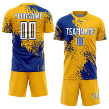 Laden Sie das Bild in den Galerie-Viewer, Custom Gold White-Royal Abstract Brush Stroke Sports Sublimation Soccer Uniform Jersey

