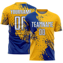 Laden Sie das Bild in den Galerie-Viewer, Custom Gold White-Royal Abstract Brush Stroke Sports Sublimation Soccer Uniform Jersey
