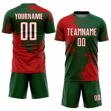 Custom Green White-Red Abstract Brush Stroke Sports Sublimation Soccer Uniform Jersey