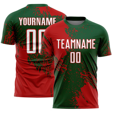 Custom Green White-Red Abstract Brush Stroke Sports Sublimation Soccer Uniform Jersey
