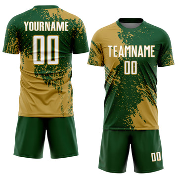Custom Green White-Old Gold Abstract Brush Stroke Sports Sublimation Soccer Uniform Jersey