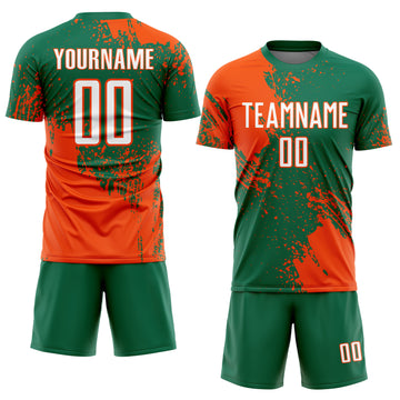 Custom Kelly Green White-Orange Abstract Brush Stroke Sports Sublimation Soccer Uniform Jersey