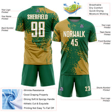 Загрузить изображение в средство просмотра галереи, Custom Kelly Green White-Old Gold Abstract Brush Stroke Sports Sublimation Soccer Uniform Jersey
