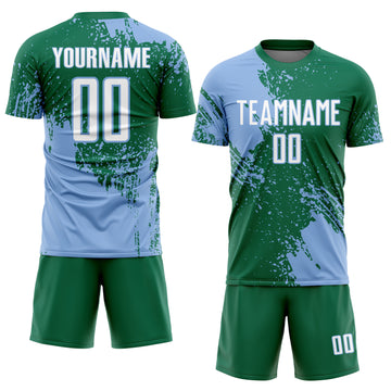 Custom Kelly Green White-Light Blue Abstract Brush Stroke Sports Sublimation Soccer Uniform Jersey