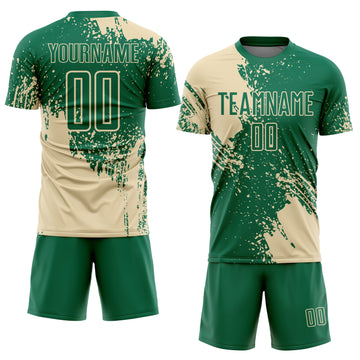 Custom Kelly Green Cream Abstract Brush Stroke Sports Sublimation Soccer Uniform Jersey