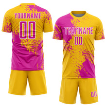 Загрузить изображение в средство просмотра галереи, Custom Yellow Deep Pink-White Abstract Brush Stroke Sports Sublimation Soccer Uniform Jersey

