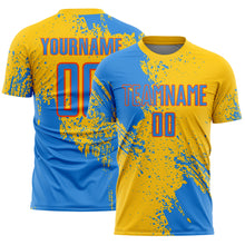 Загрузить изображение в средство просмотра галереи, Custom Yellow Powder Blue-Orange Abstract Brush Stroke Sports Sublimation Soccer Uniform Jersey
