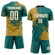 Загрузить изображение в средство просмотра галереи, Custom Teal White-Old Gold Abstract Brush Stroke Sports Sublimation Soccer Uniform Jersey
