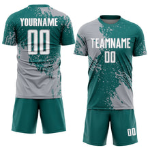 Загрузить изображение в средство просмотра галереи, Custom Teal White-Gray Abstract Brush Stroke Sports Sublimation Soccer Uniform Jersey
