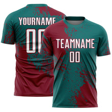 Загрузить изображение в средство просмотра галереи, Custom Teal White-Crimson Abstract Brush Stroke Sports Sublimation Soccer Uniform Jersey
